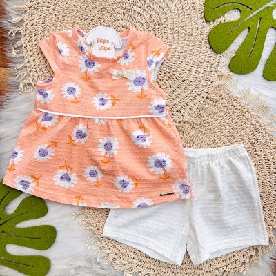 Conj. Regata Florzinhas e Short - Salmão e Off White